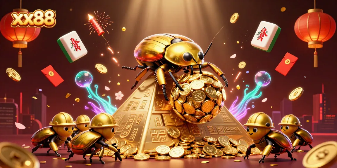 Engage with the world of xx88, featuring a golden beetle rolling coins in an energetic casino scene.