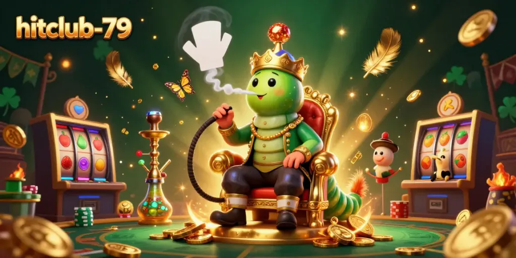 Experience the vibrant world of hitclub-79 with a playful 3D caterpillar master blowing poker hand smoke rings in a rich casino setting.