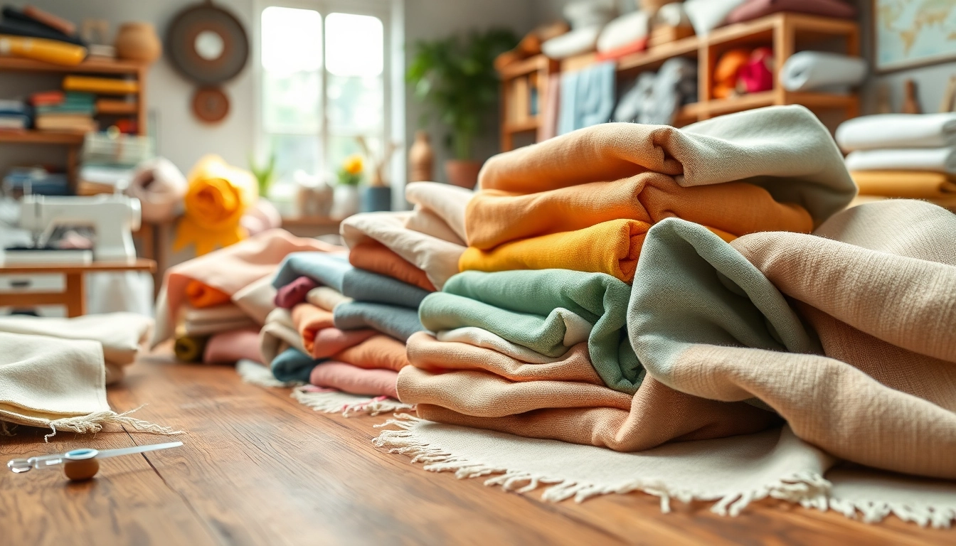 Katoen stoffen assortiment met diverse texturen en kleuren op een houten tafel.
