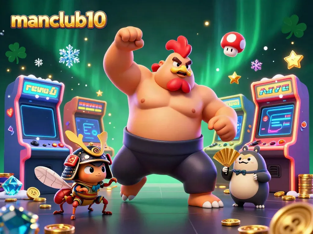 Experience thrilling gaming with manclub10's engaging characters in a colorful casino setting.