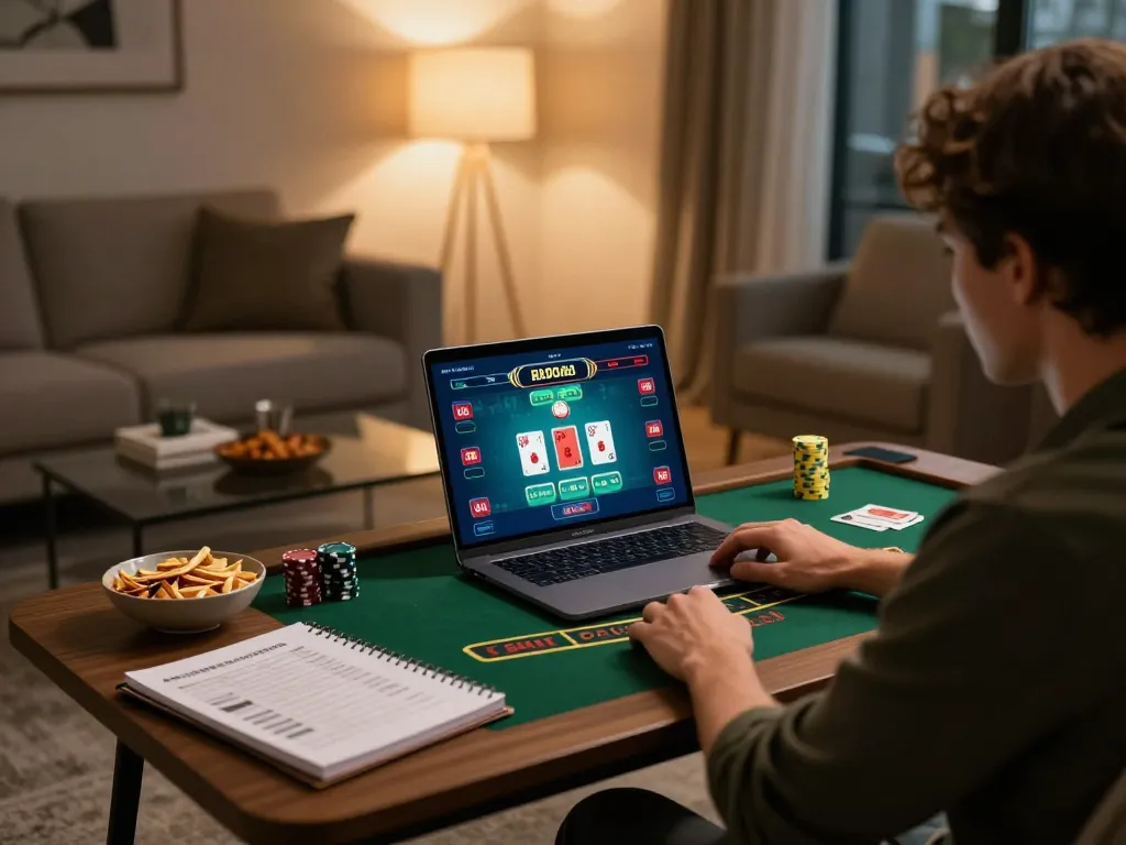 Person playing vnloto online casino game at home, engaging live dealer action in a cozy setting