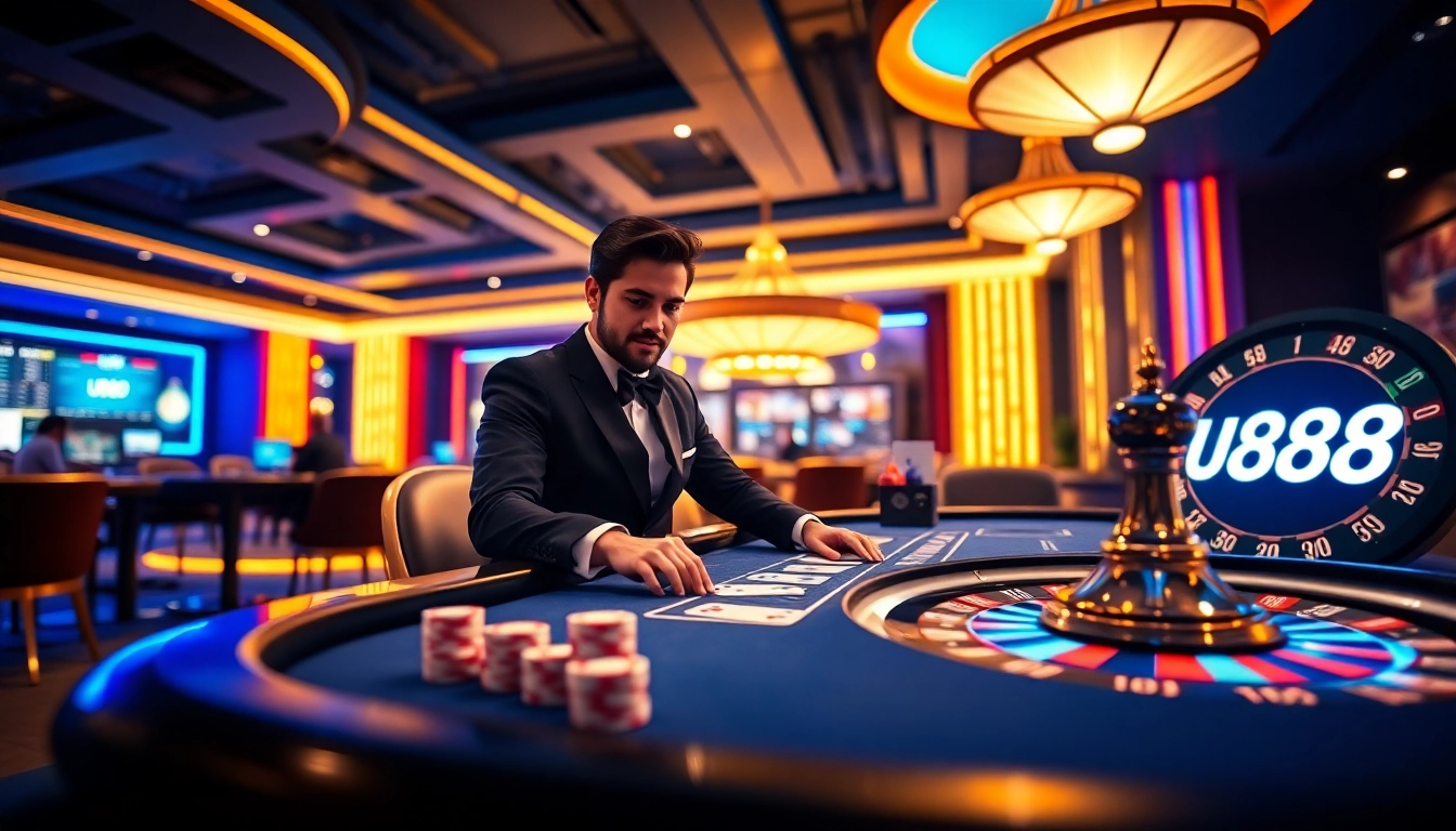 Exciting gambling scene at u888 casino with modern blackjack table and vibrant atmosphere.
