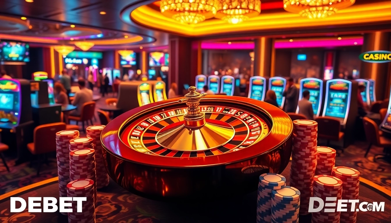 Experience thrilling gameplay at DEBET Com with vibrant casino visuals including roulette and poker.