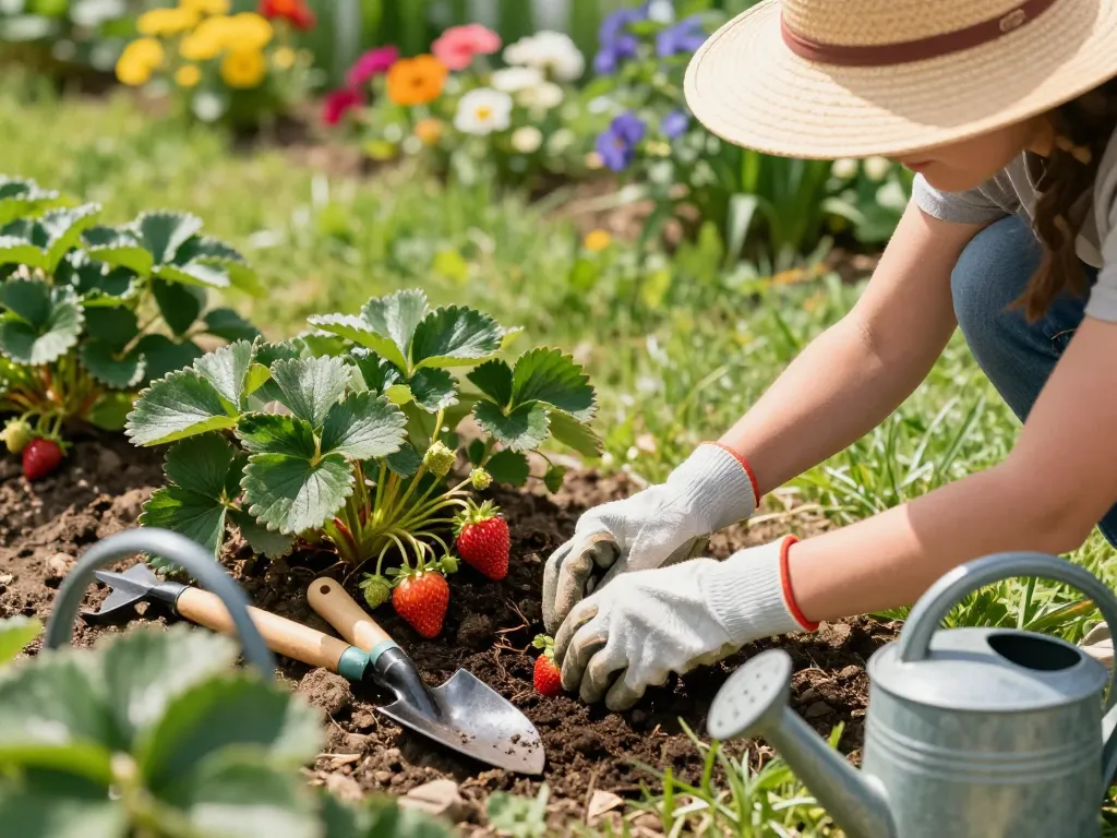 A person planting aardbeienplanten kopen surrounded by lush strawberry plants in a vibrant garden.