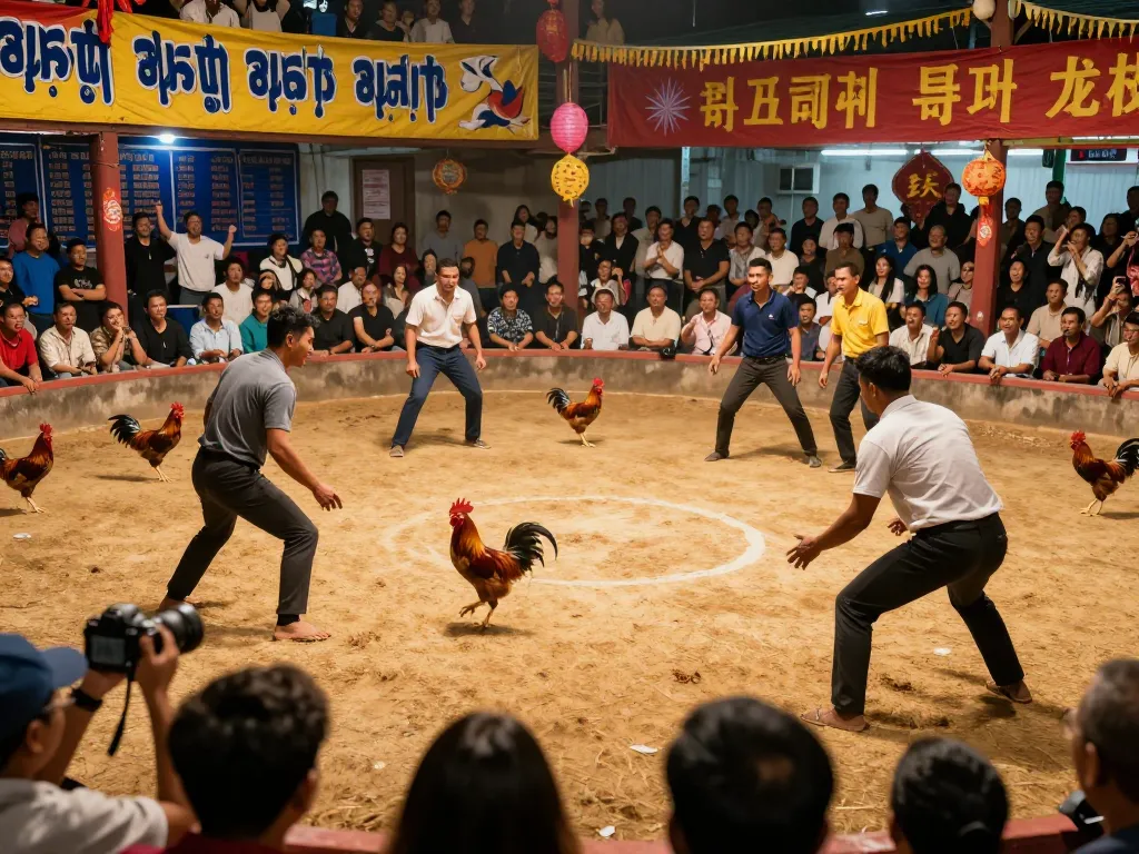 Engaging atmosphere of Đá gà five88 with vibrant fighting cocks and excited fans