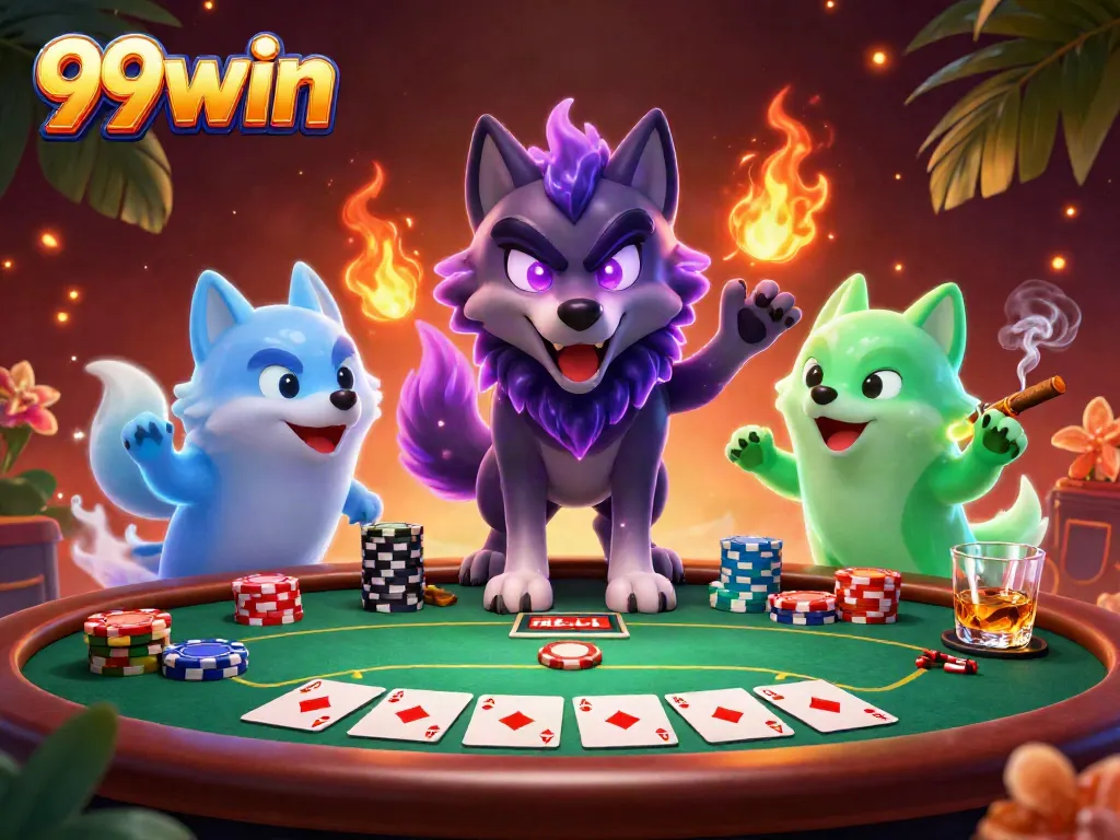 Engage in thrilling poker with 99win’s captivating 3D illustration showcasing stunning casino elements.