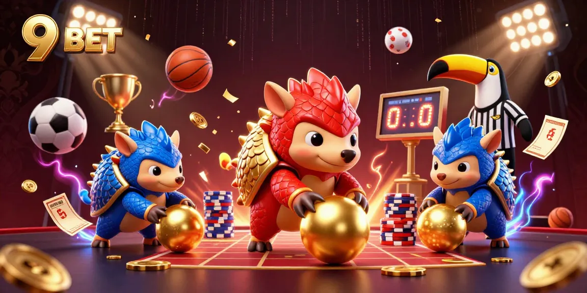 Engage in thrilling gameplay at 9 BET with dynamic pangolin characters and vibrant casino elements.