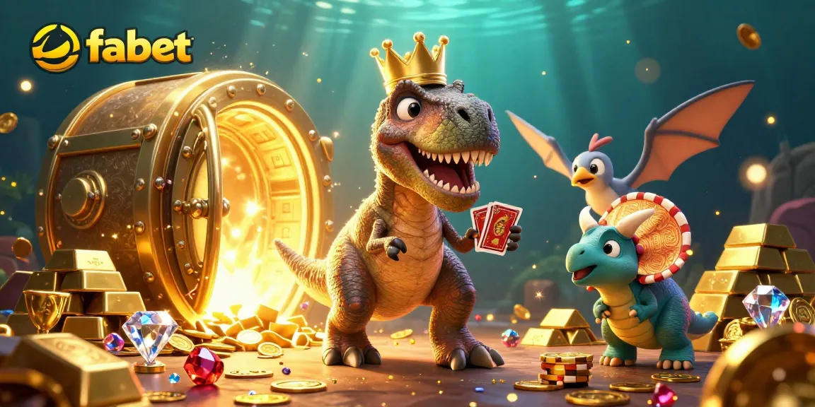 Experience the fun of fabet casino with a T-Rex shuffling cards and stacked gold chips.