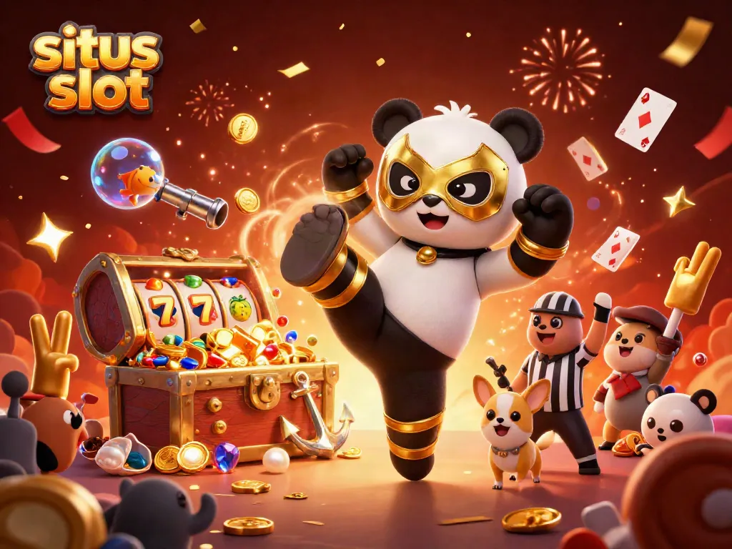 Join the situs slot action with the animated panda wrestler kicking through a colorful casino scene.