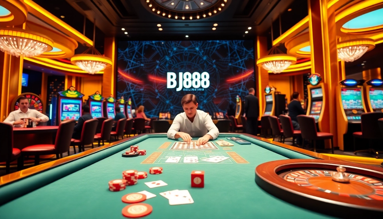 Experience the excitement of trang chủ bj88 in a vibrant casino setting with poker chips and roulette wheels.