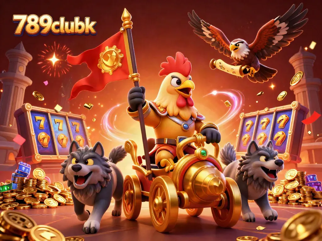Experience thrilling gameplay at 789clubk with a dynamic illustration of an engaging casino scene featuring vibrant slot reels and coins.