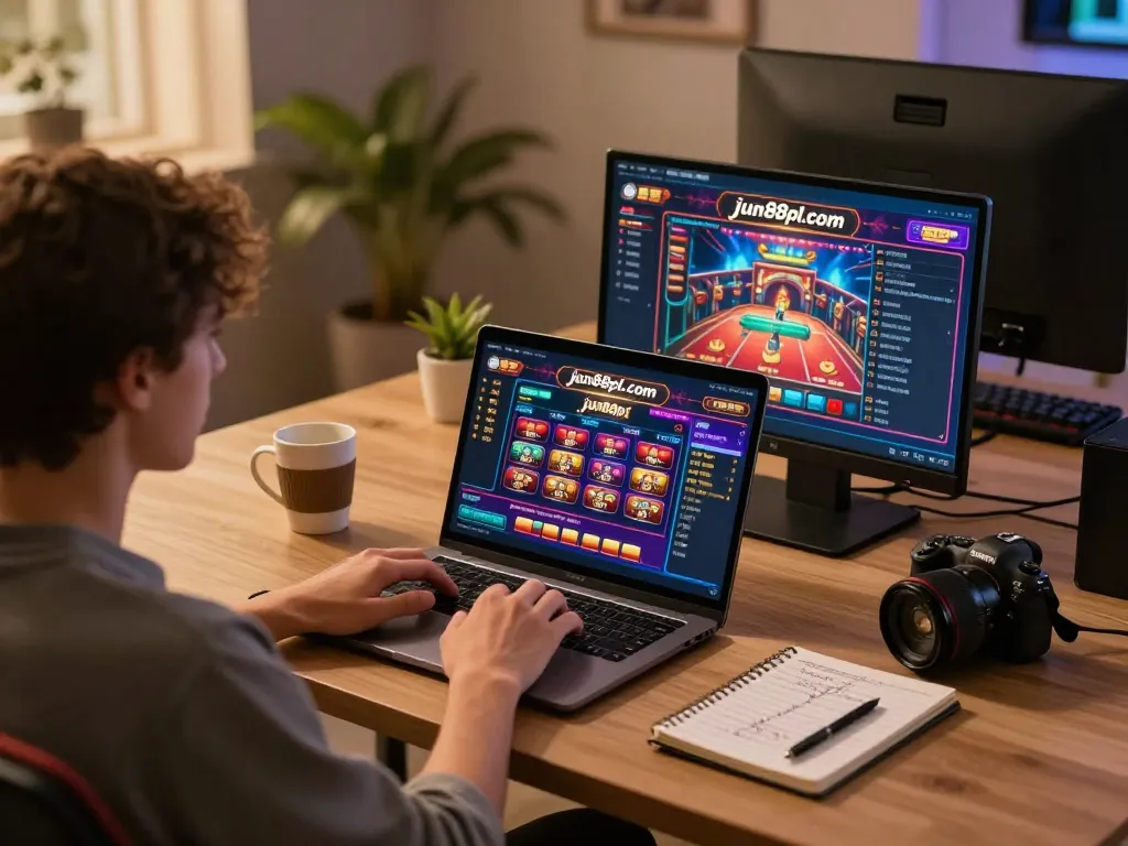 Engaging with captivating casino games on jun88pl com in a cozy home office environment