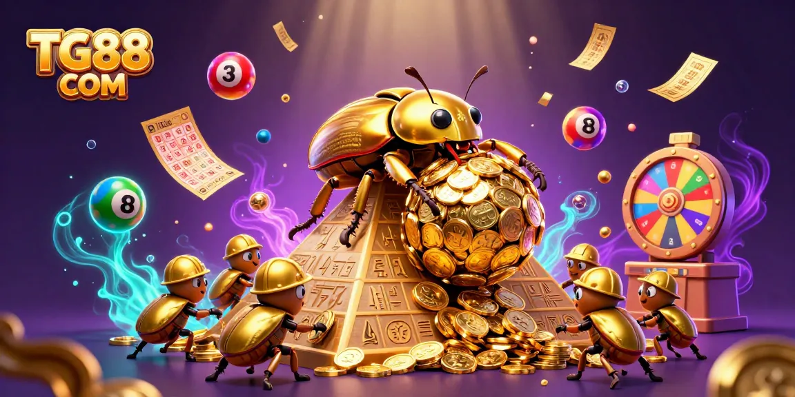 Experience excitement with TG88 COM as golden beetles roll coins up a pyramid amidst dynamic casino elements.
