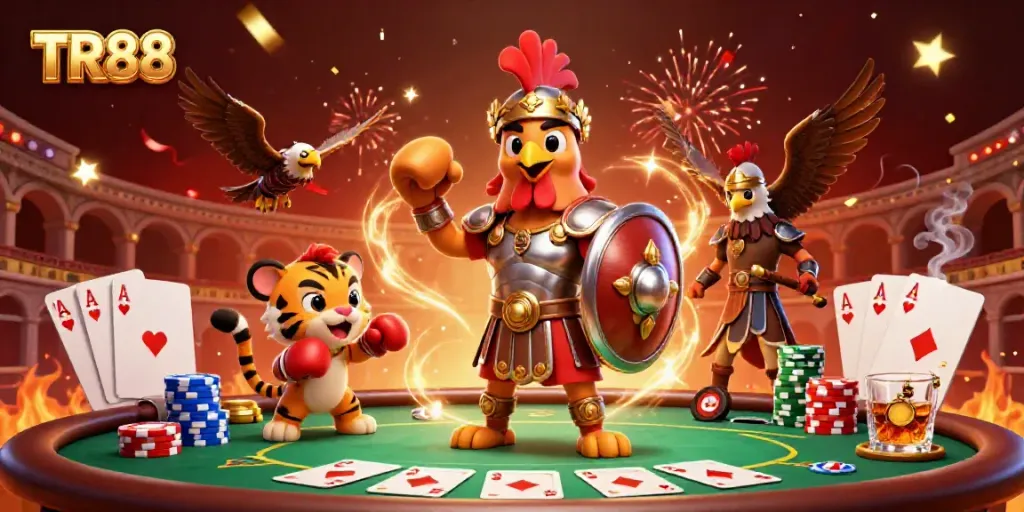 Witness the TR88 gladiator rooster amidst a vibrant casino scene with poker elements.