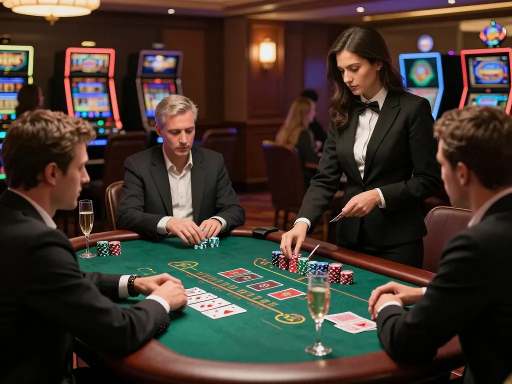 Strategic gameplay at lucks8 blackjack table with excited players and professional dealer managing bets.