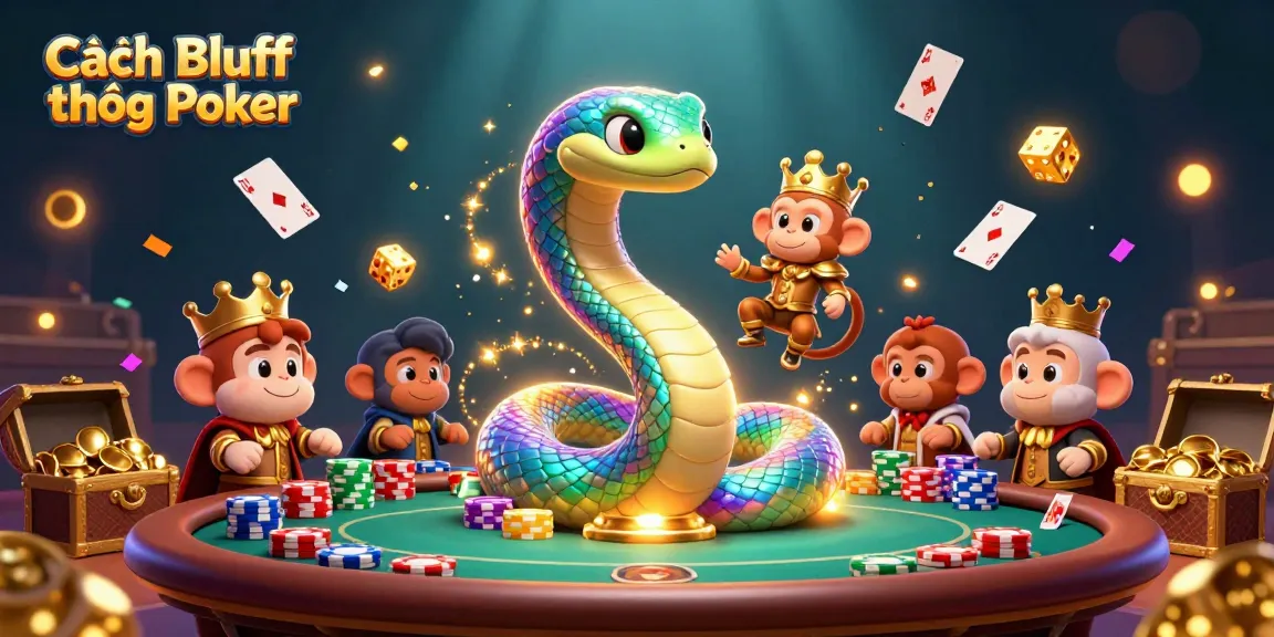 Cách Bluff trong Poker illustrated with colorful poker elements, vibrant characters, and dynamic gaming atmosphere.