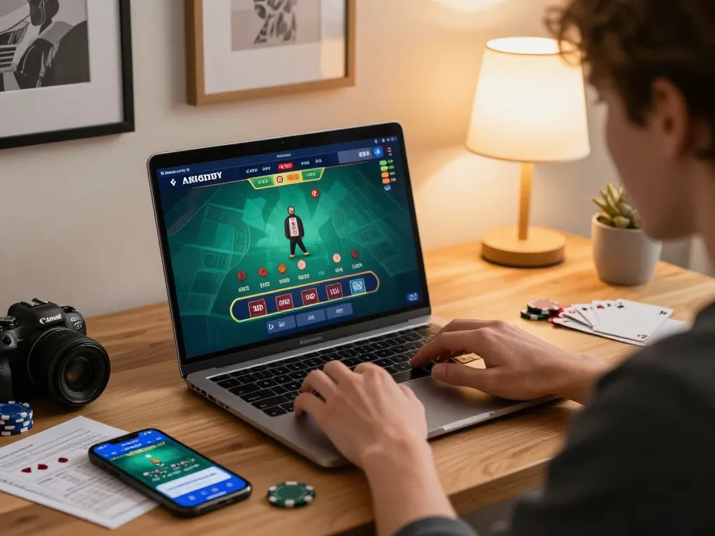 Engaging player enjoying live blackjack at https://hitclub.sarl/ in cozy home office