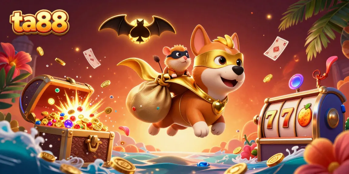 Win big at ta88 with dynamic 3D superheroes flying around colorful casino elements and slot reels.