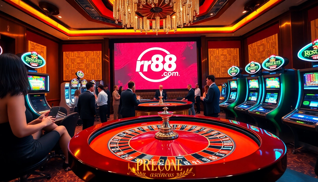 Exciting casino gaming scene featuring rr88 com elements, poker chips, roulette, and slot machines.