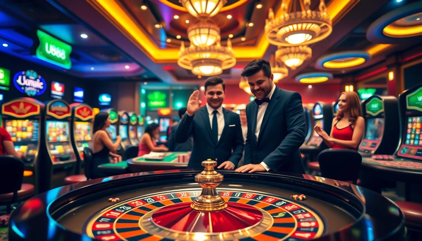 Experience the excitement of U888 with players enjoying poker and roulette in a vibrant casino setting.