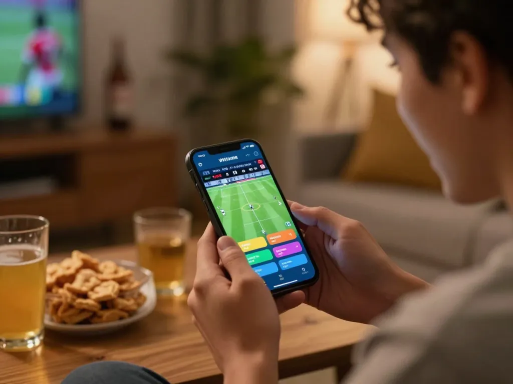 Person placing bets in a live football match using kèo nhà cái app on smartphone, cozy home atmosphere.
