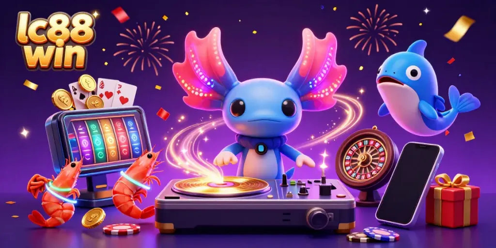 Experience gaming excitement with lc88 win featuring a neon axolotl DJ and colorful slot games.