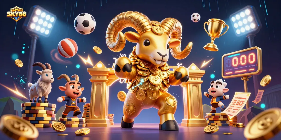 Experience betting thrills with SKY88 in a vibrant casino-themed 3D illustration featuring gold and dynamic sports elements.