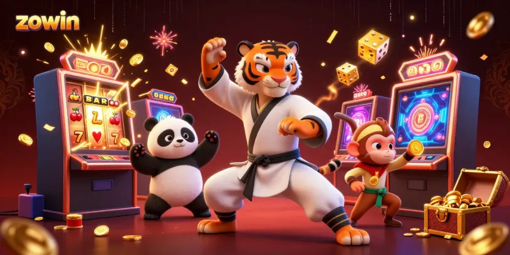 Experience exhilarating gaming at ZOWIN with a thrilling 3D casino illustration featuring vibrant characters and exciting elements.