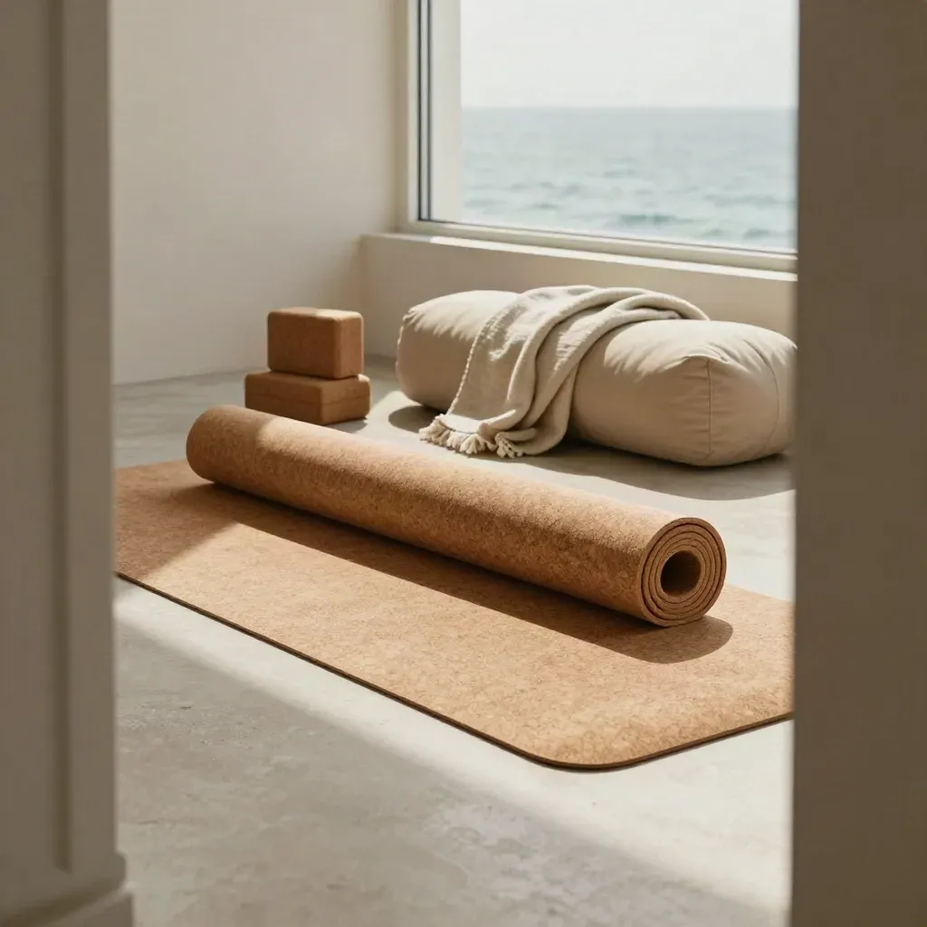 Rolled yogamat, blokken en bolster in een stille studio bij het raam aan zee.