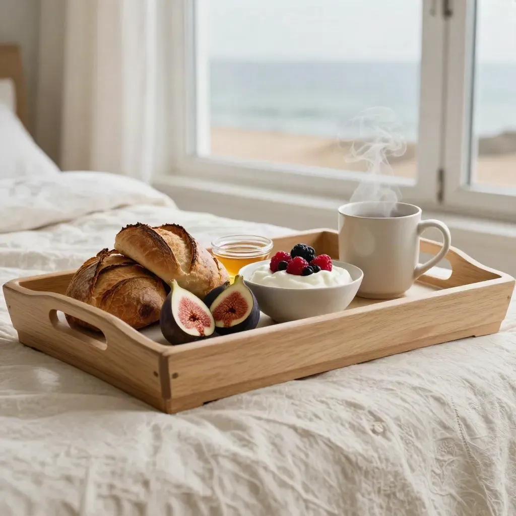 Ontbijttray met brood, vijgen, yoghurt, bessen en dampende mok bij raam in strandkamer.