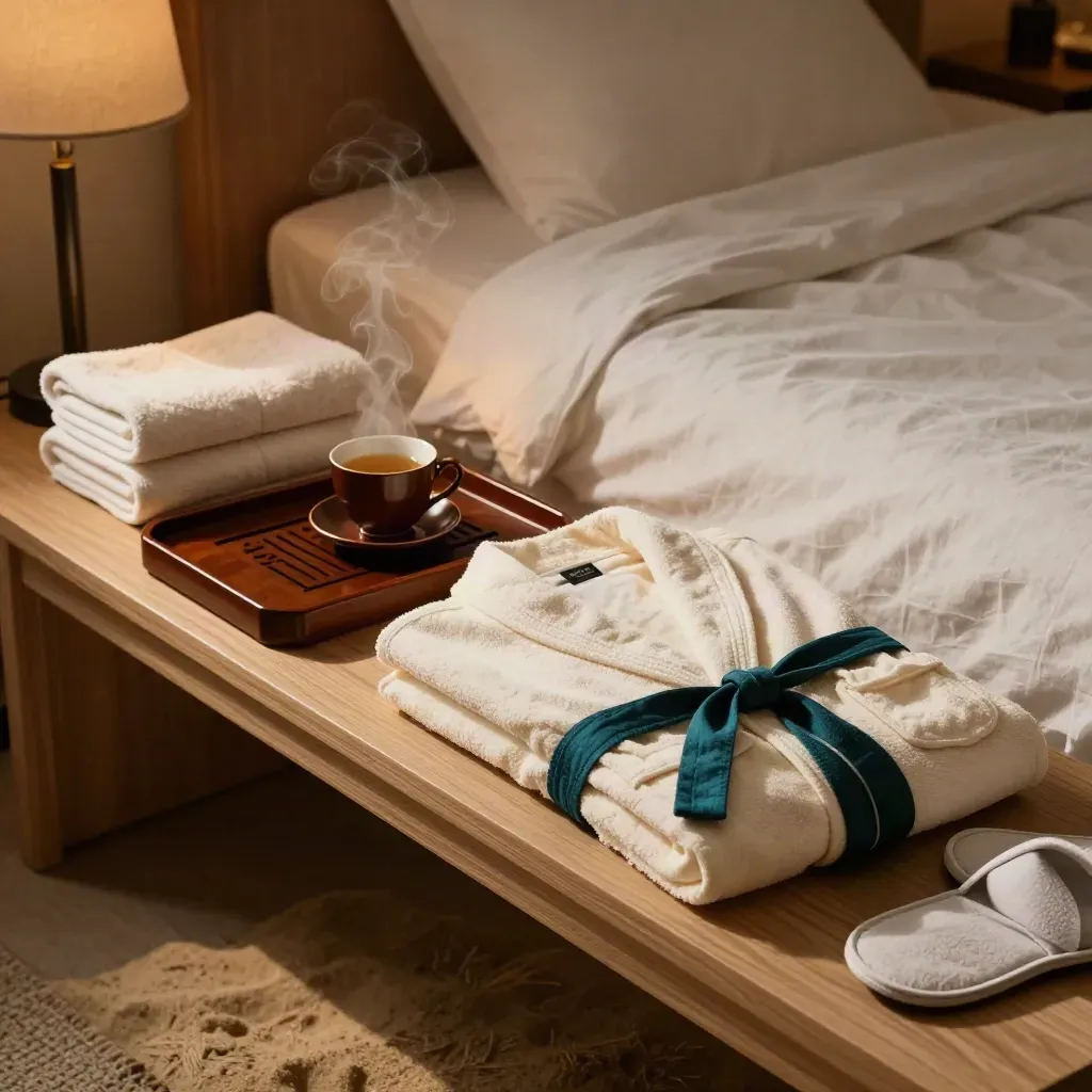 Wellnessset in een rustgevende hotelkamer met badjas, slippers, thee en handdoeken.