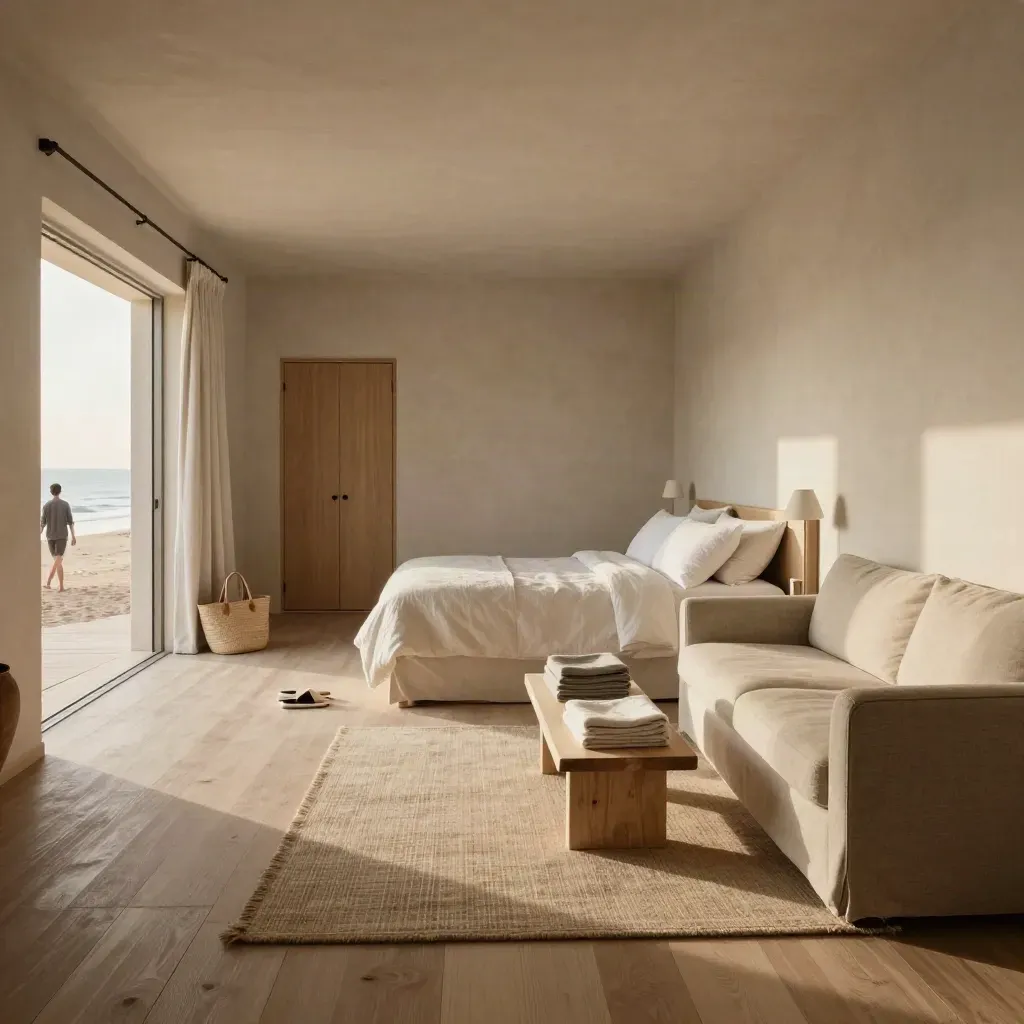 Ruime familiekamer met twee bedden, slaapbank, handdoeken en strandtas bij de deur.