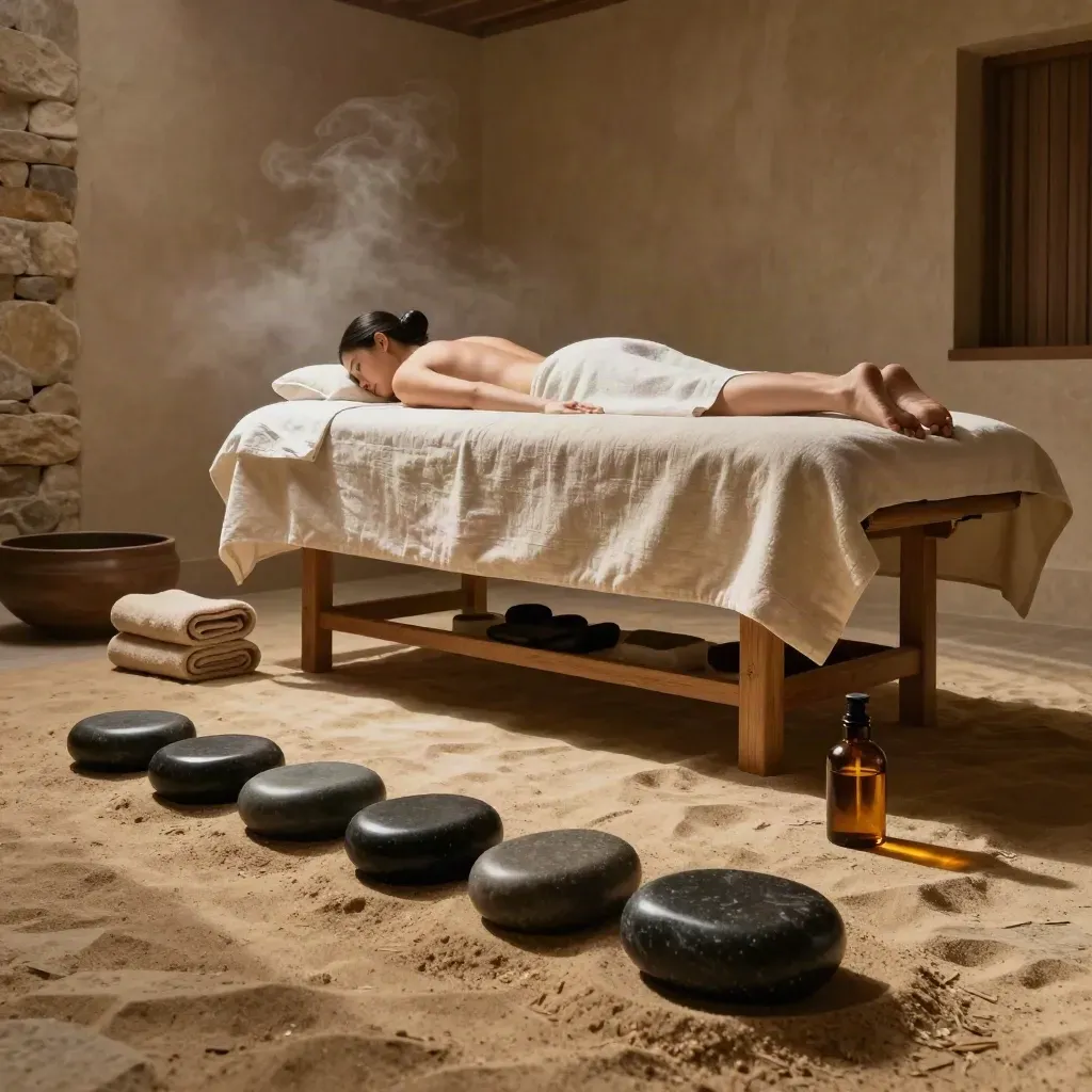 Warme wellnessruimte met hot stones, olie, handdoeken en zachte stoom