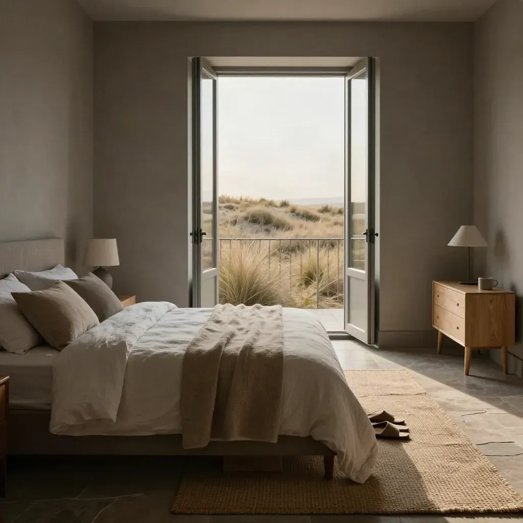 Opgemaakte hotelkamer met kingsize bed, kopjes, slippers en open balkondeur naar duinen