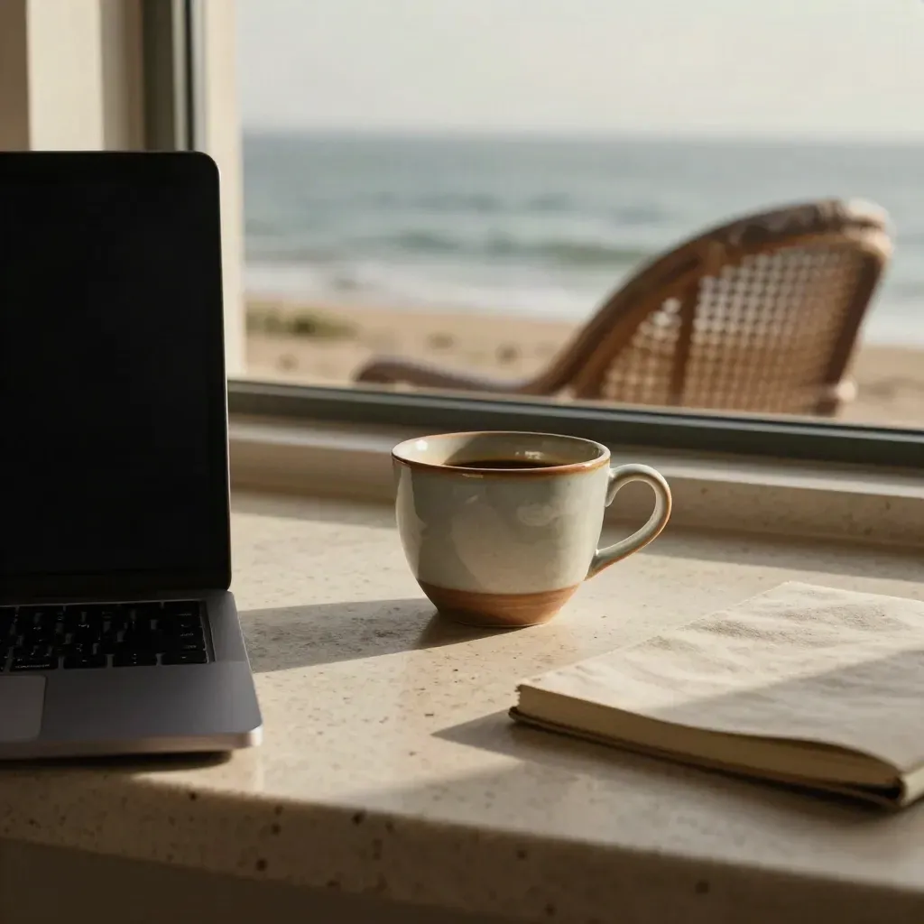 Close-up van een stille werkplek met laptop, koffiekopje, notitieboek en zeezichtstoel