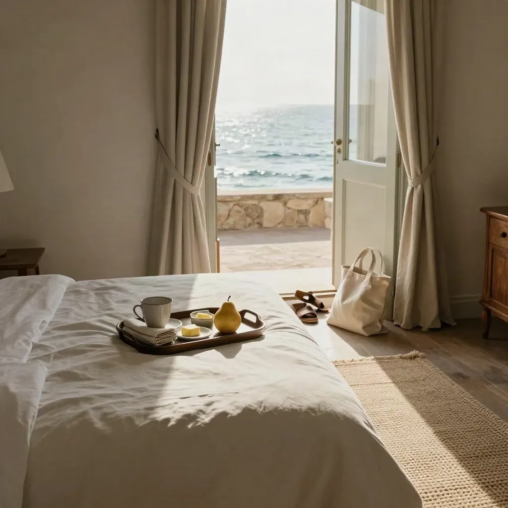 Bed met ontbijttray, reistas en sandalen bij open gordijnen in een kustkamer.