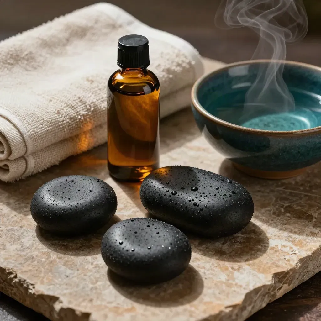 Basaltstenen, oliefles en handdoeken op een stenen slab in een serene spa-opstelling.