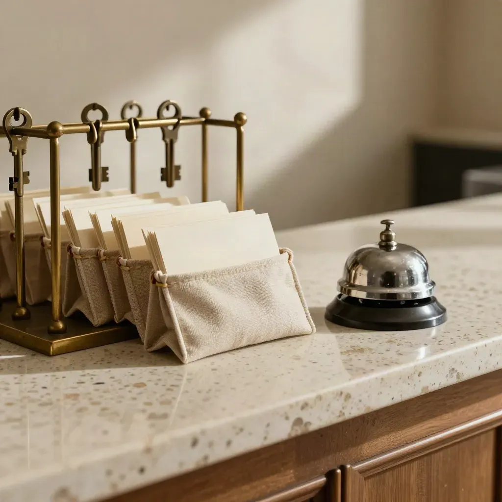 Brass key rack, room cards, linnen pouches en servicebel op travertin bij de check-in.