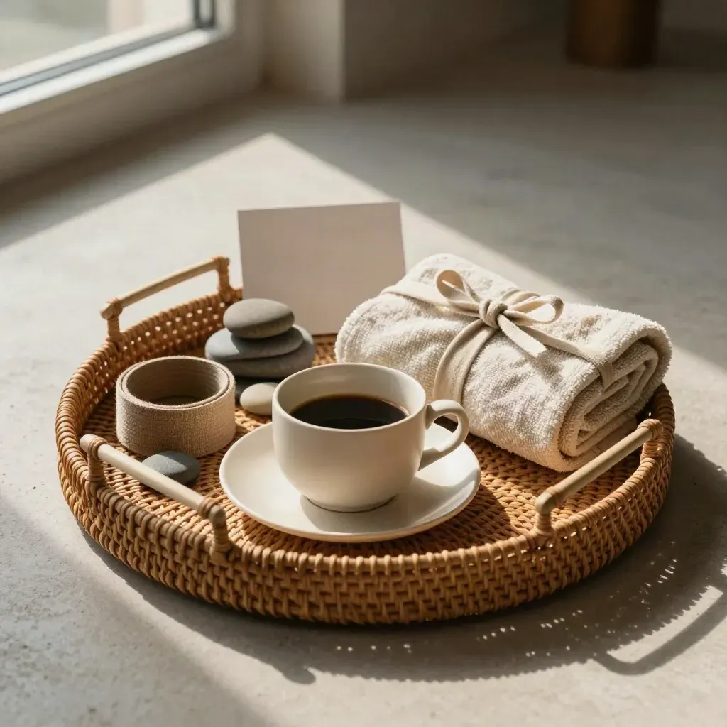 Wicker tray met ontbijtservies, yogariem, spa-stenen en opgerolde handdoek op steen.