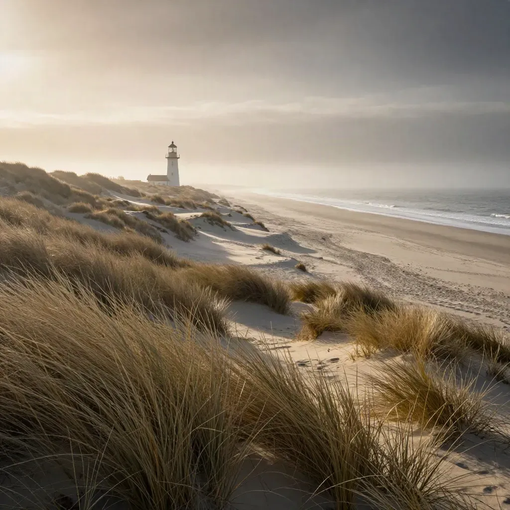 Noordwijk-duinen met vuurtoren boven helmgras en een zachte zee in mist