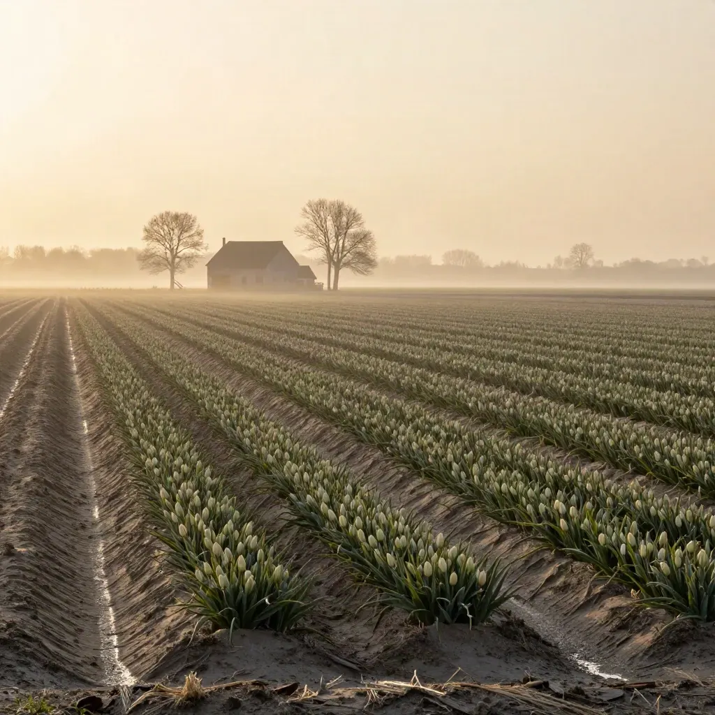 Bollenstreek met bloembollenrijen in ochtendmist, boerderij en bomen ver weg.