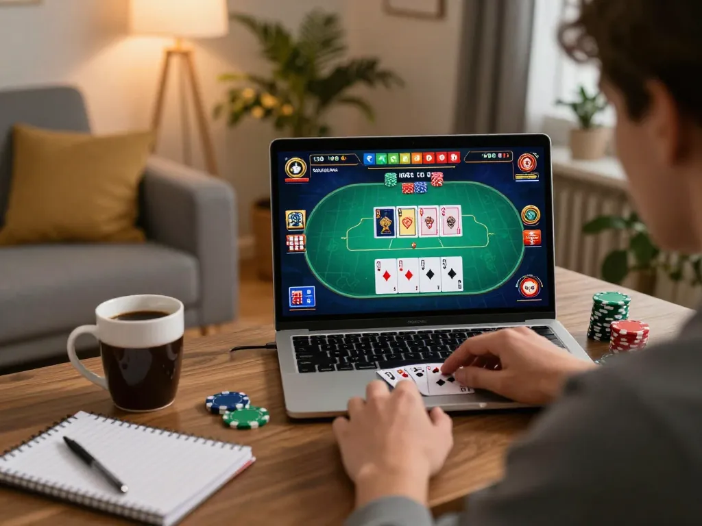 Engaging in online poker via https://va88.moe/ in a cozy living room, showcasing a focus on responsible gambling.