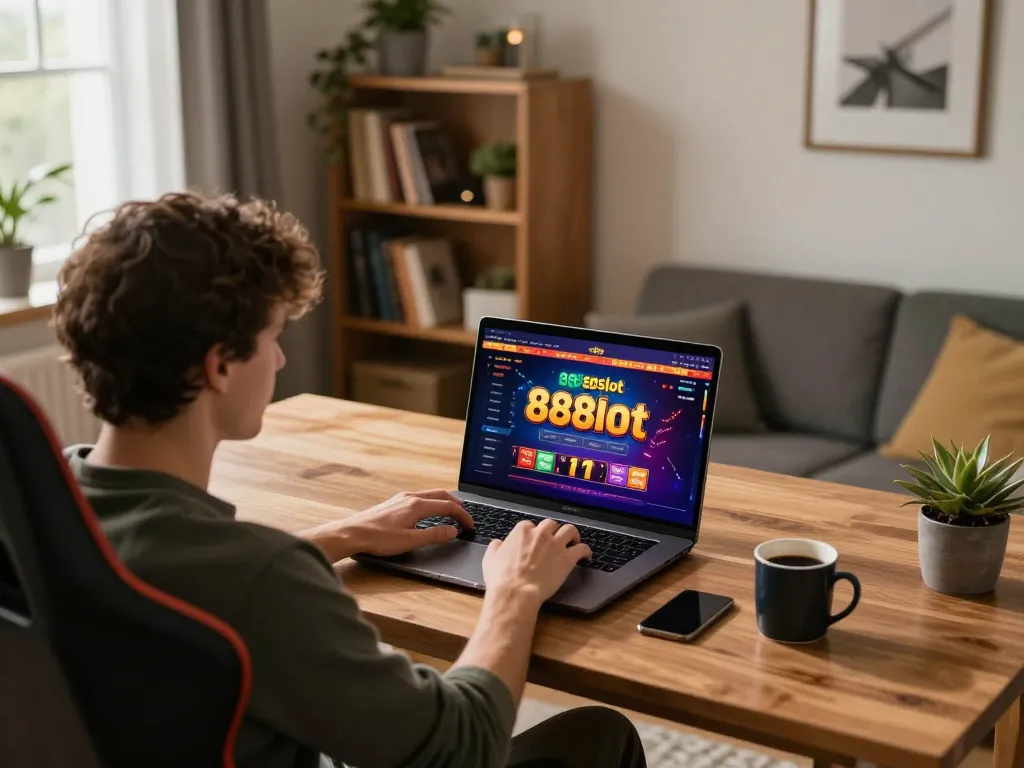 Player engaging with 888slot on a laptop in a cozy home office, showcasing strategic online gaming.
