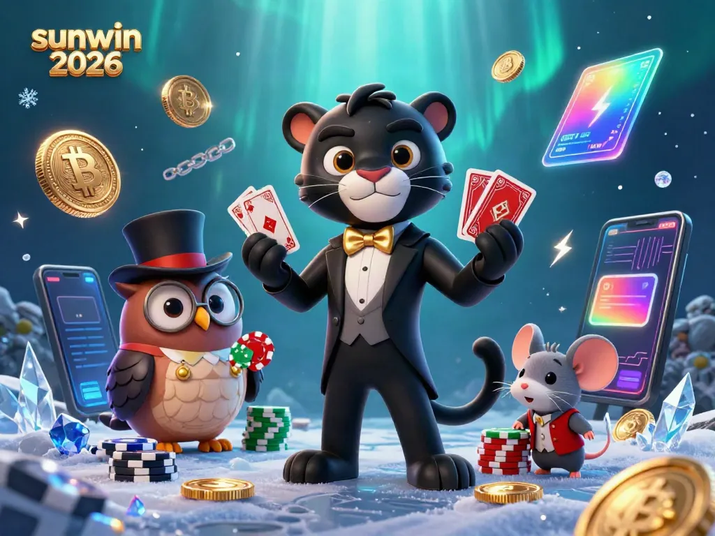 Play fun games at sunwin 2026 with a stylish black panther dealer and poker chip owl in 3D art.