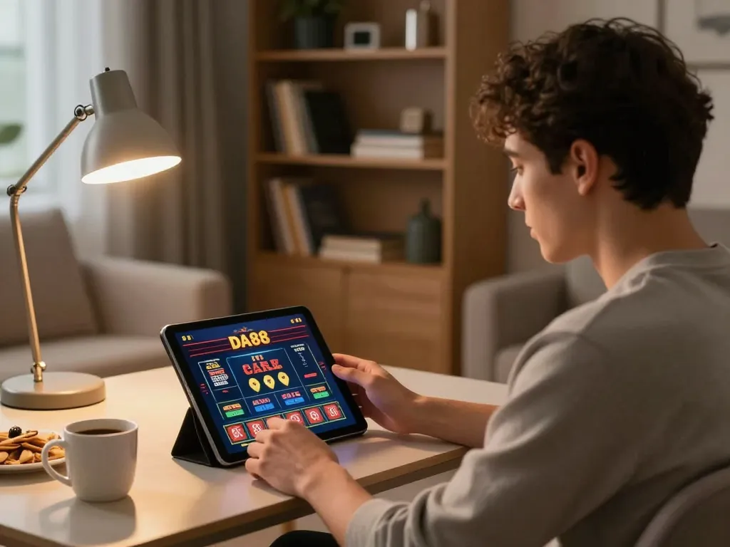 Engaging user playing DA88 casino games on a tablet in a cozy home setting, emphasizing responsible gaming.