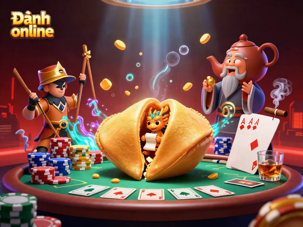 Engage in Đánh đề online with this vibrant 3D illustration showcasing fortune cookies, poker, and gambling elements.