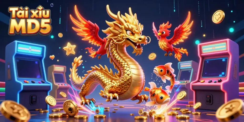 Tài xỉu MD5 showcases a fierce dragon, a phoenix, and a koi fish amidst fun arcade elements.