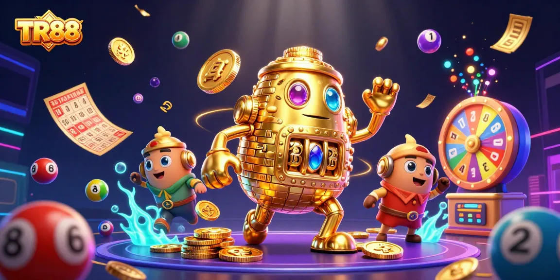 TR88 showcases a vibrant 3D casino scene with gold golem and animated lottery balls, enhancing gaming excitement.