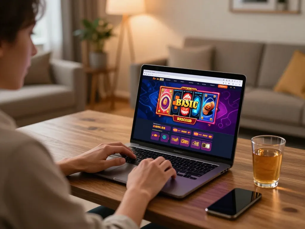 B52CLUB gaming session on laptop with vibrant graphics in a cozy home setup.
