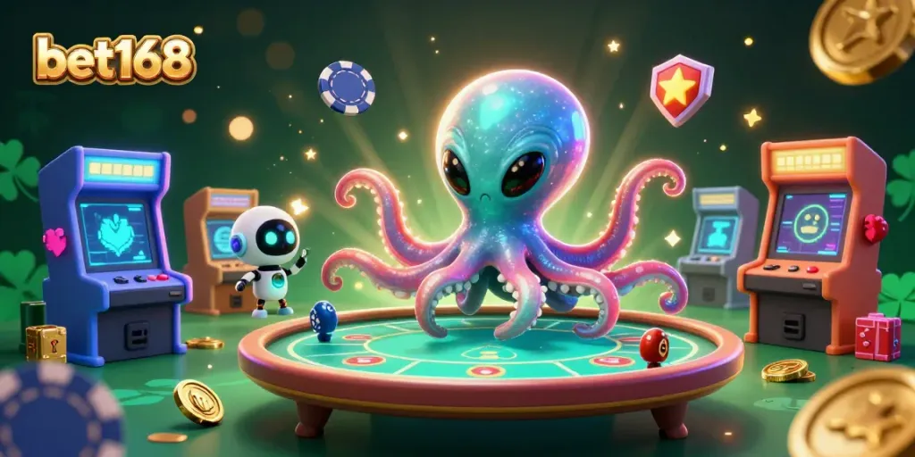Engage with bet168's immersive casino experience featuring a 3D alien octopus at a holographic poker table.